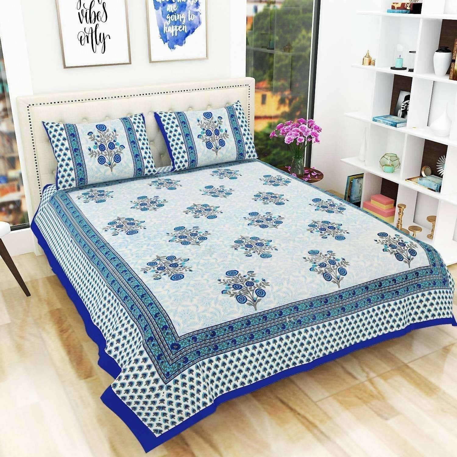 Floral Print Queen Size 90x108 Inches Jaipuri Flat Bed Sheet Bedspread with 2 Pillowcases | Grocsy
