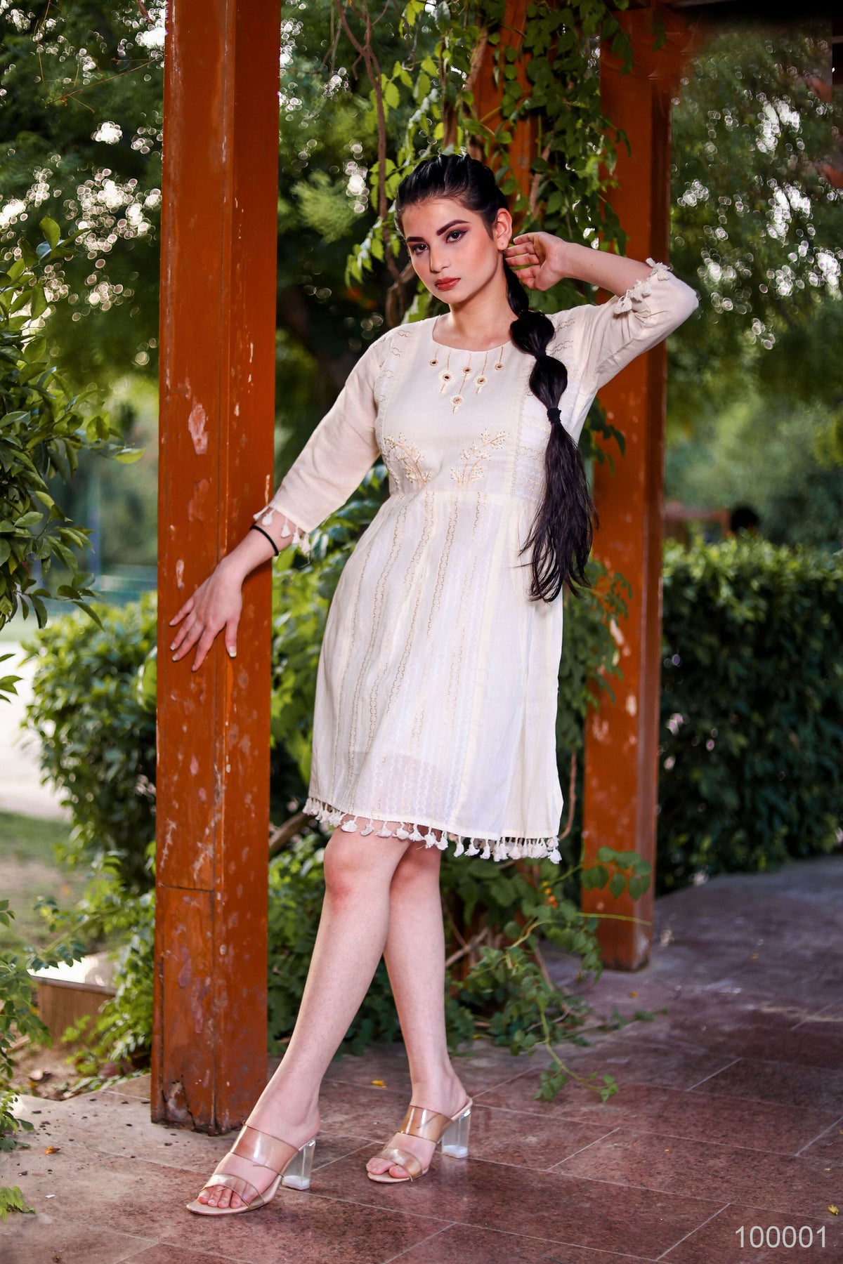 Aayaa Designer Multi Thread Hand Work Khadi Cotton One Piece Dress - Off White | Grocsy