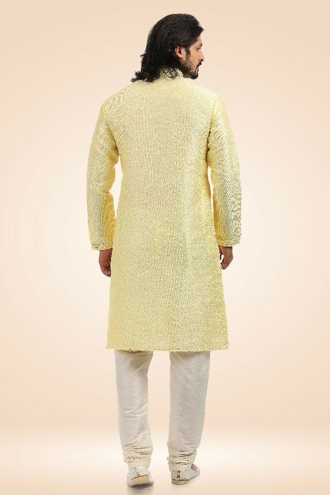Raivat Ethnic Jacquard Banarasi Silk Pintux Work Kurta Pajama In Lemon Colour | Grocsy