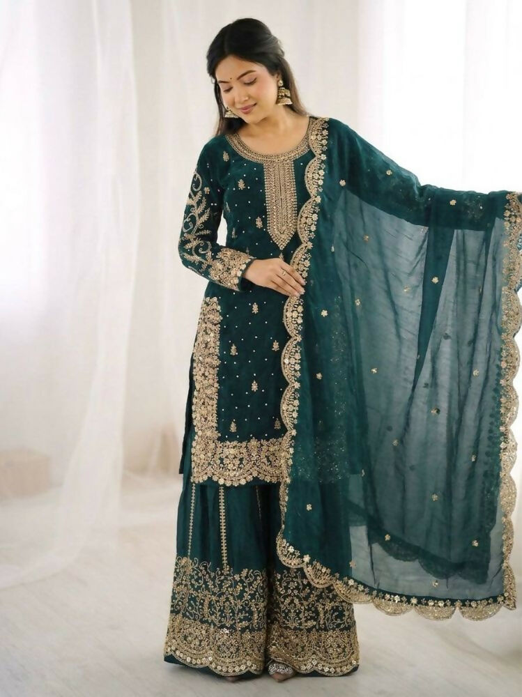 Teeya Creation Teal Color Fendy Silk Embroidery Work Wedding Wear Salwar Suit | Grocsy