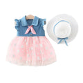 Bold N Elegant Cap Sleeve Denim Embroidered Midi Party Dress Frock with Hat Dress - Floral Pink | Grocsy