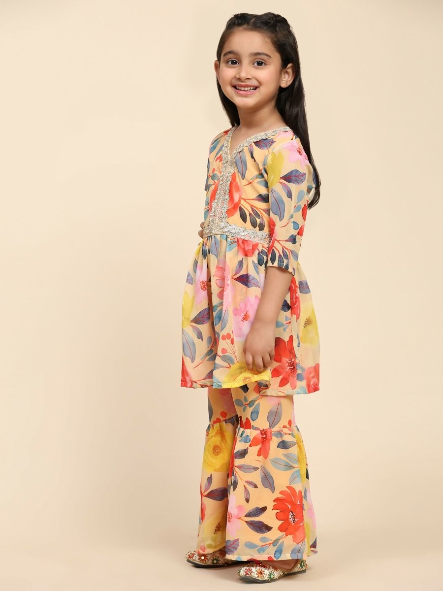 Alakhi Studio Girls Floral Georgette Printed V-Neck Kurta With Sharara - Mustard | Grocsy
