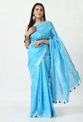 Mominos Fashion Moeza Sky Blue Bhagalpuri Handloom Silk Linen Saree with unstitched Blouse piece | Grocsy