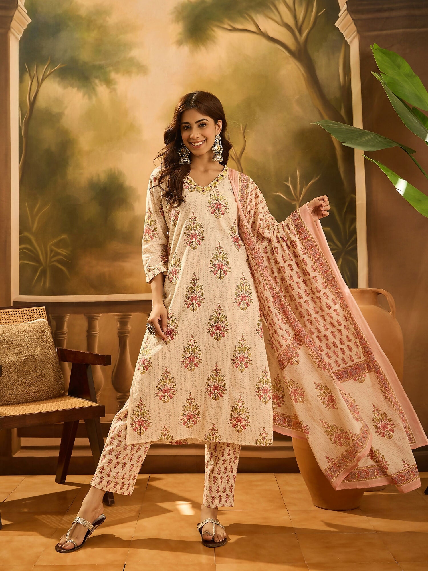 Joban Fashion Printed Cream Pure Cotton Kurta Set | Grocsy