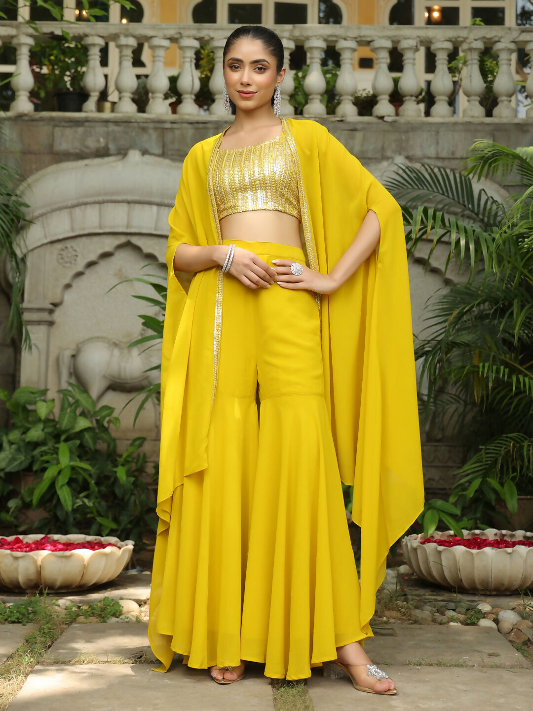 Janasya Yellow Georgette Sequined Top Bottom Cape | Grocsy