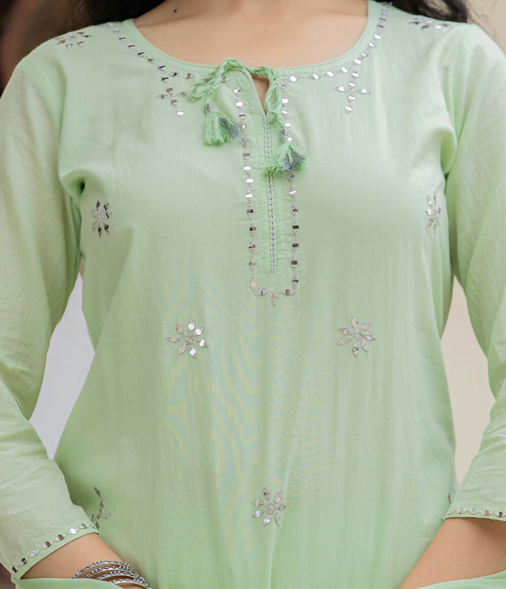 Kaajh Women's Green Mirror Embellished Cotton Suit Set | Grocsy