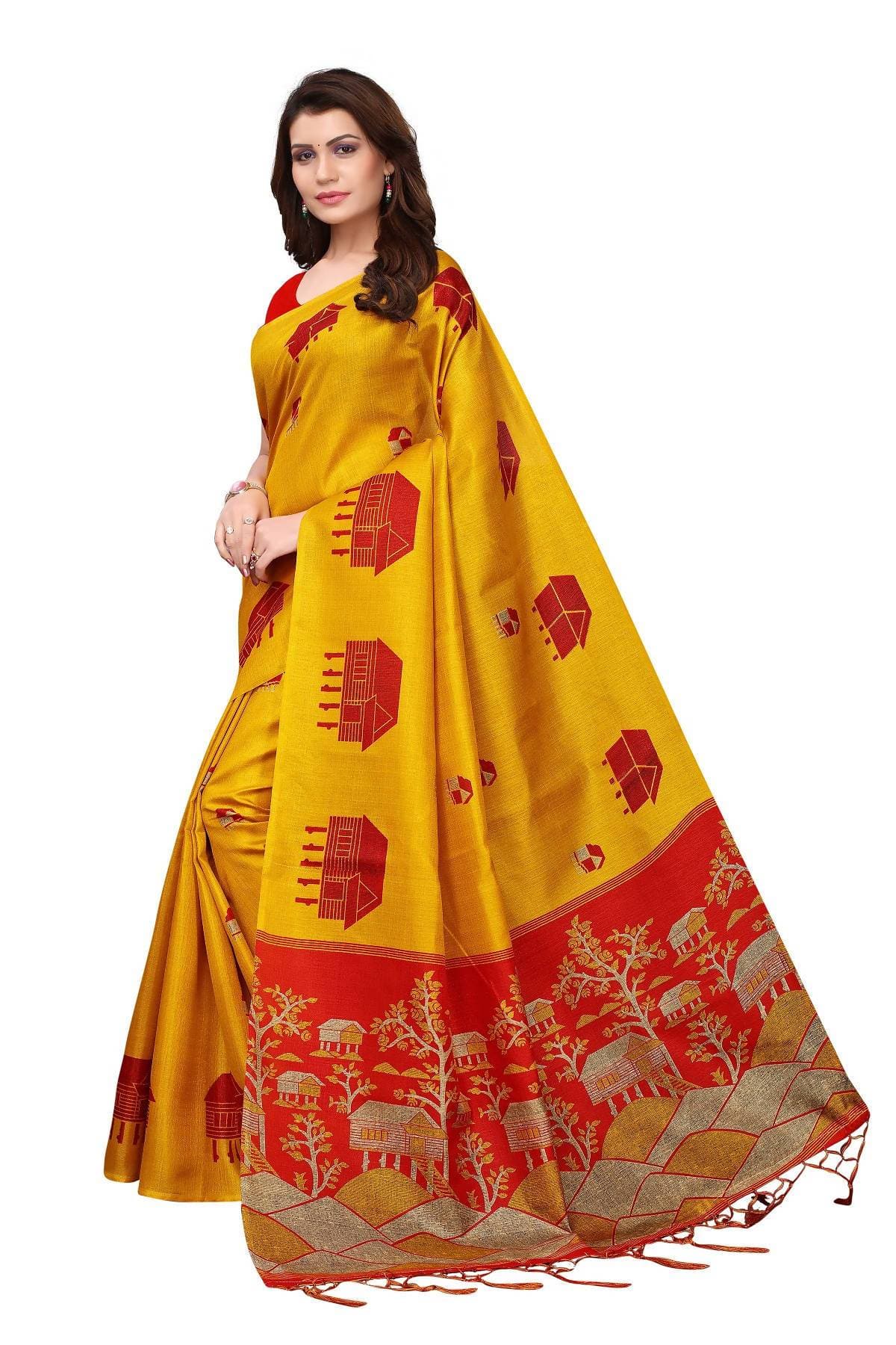 Vamika Latest Fashion Yellow & Red Kalamkari With Jhalar Khadi Silk Saree | Grocsy