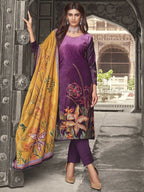 Jyoti Fashion Women's Purple Velvet Floral Digital Printed Kurta with Trouser & Dupatta | Grocsy