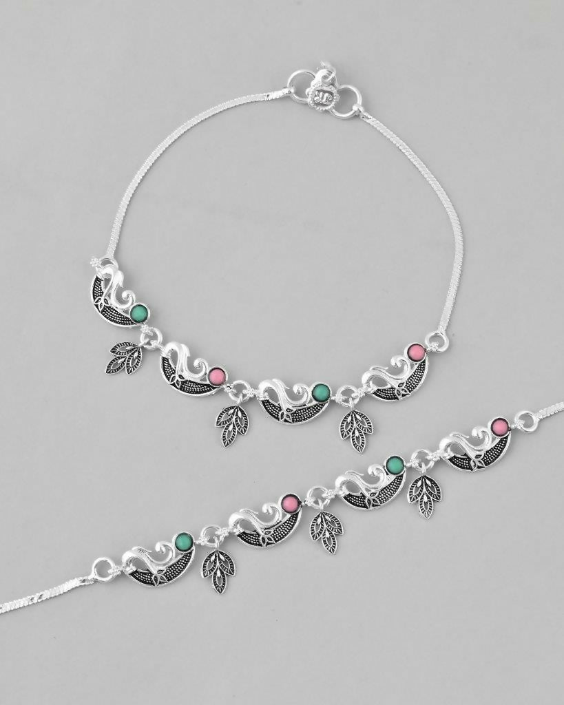 VOJ Set of 2 Silver Plated Multi Color Meenakari Anklet | Grocsy