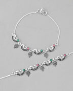 VOJ Set of 2 Silver Plated Multi Color Meenakari Anklet | Grocsy