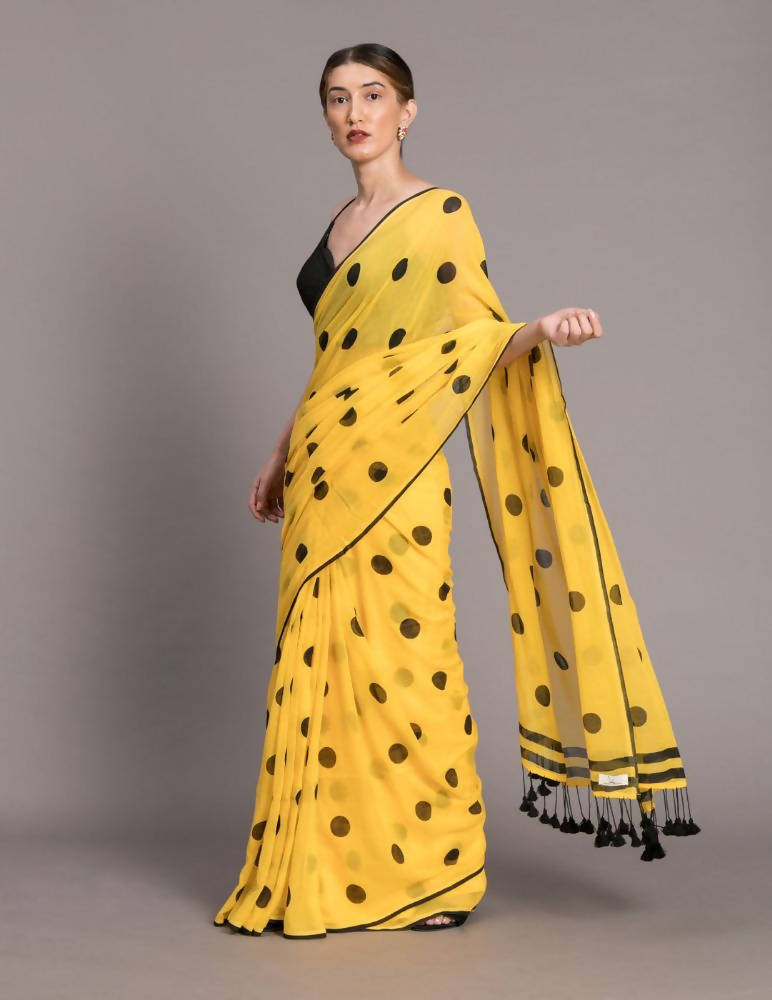 Suta Yellow and Black Polka Printed Pure Cotton Saree | Grocsy
