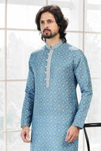 Raivat Ethnic Cotton Thread Work Kurta Pajama In Blue Colour | Grocsy