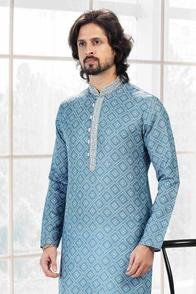 Raivat Ethnic Cotton Thread Work Kurta Pajama In Blue Colour | Grocsy