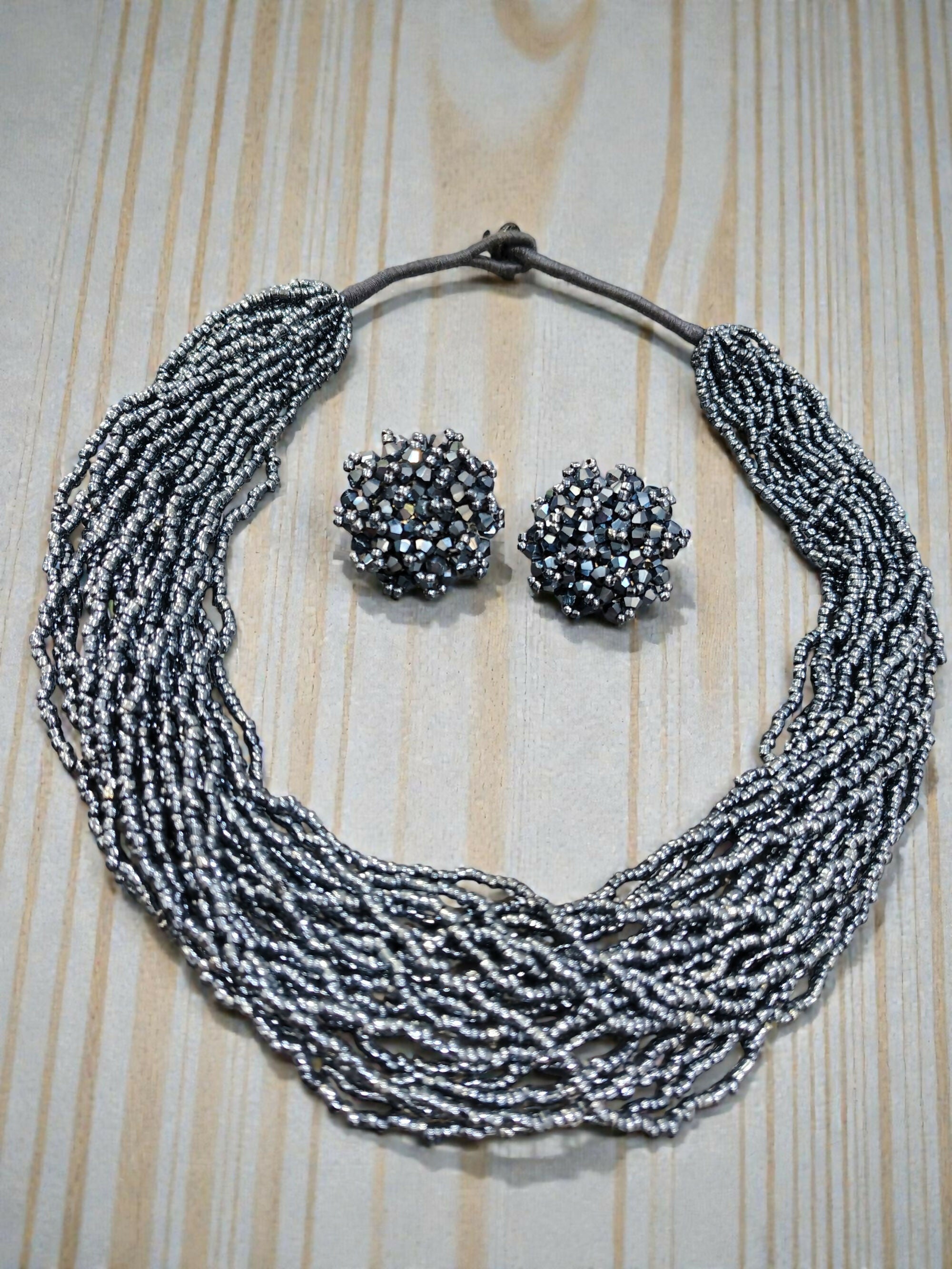 Inhanns Vibrant Handmade 20 Layers Beaded Necklace With Matching Earrings - Navy Blue | Grocsy