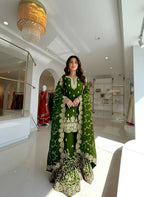 Teeya Creation Green Pure Silk Gimmy Silk Heavy Embroidery Work Wedding Wear Palazzo Pair | Grocsy