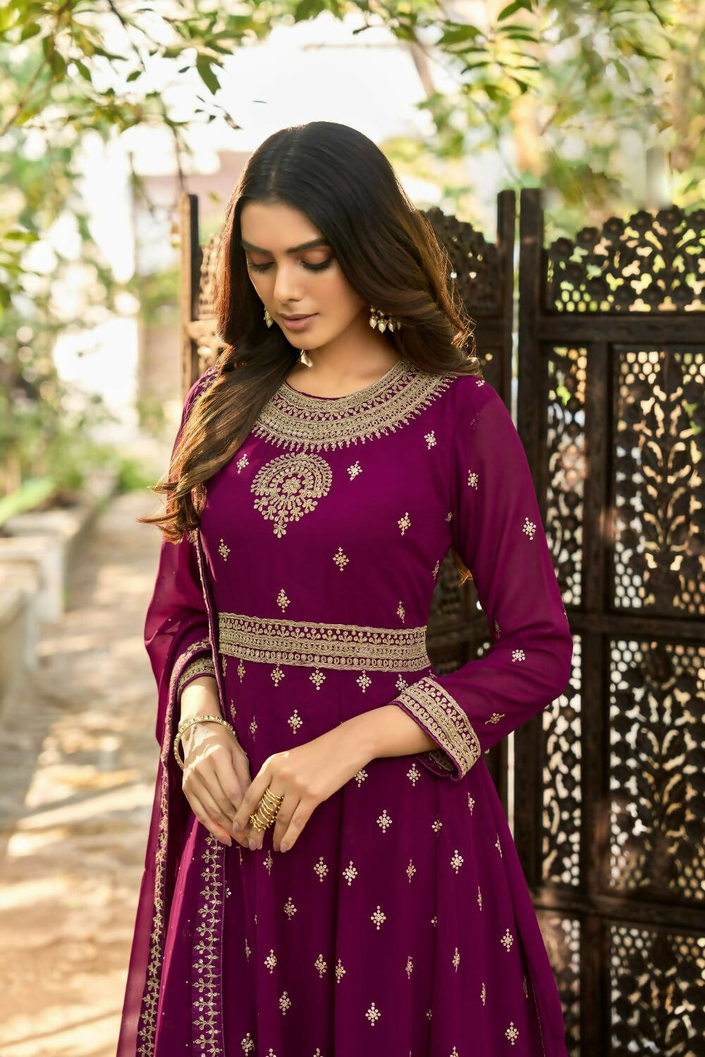 Wine Heavy Faux Georgette Anarkali Embroidered Kurta Set - Dhvani | Grocsy