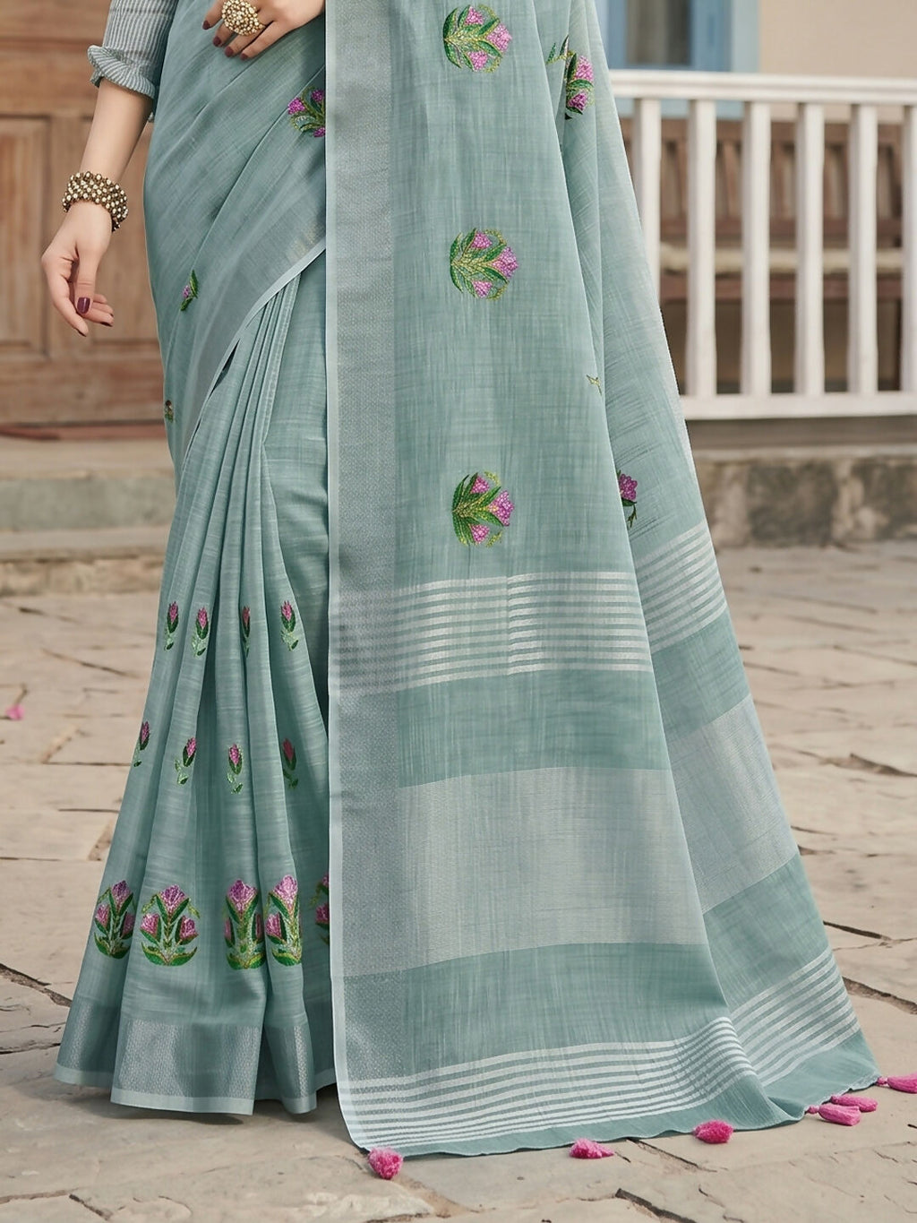 Shree Shyam Fashion Sea Green Linen Saree | Grocsy