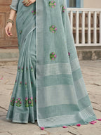 Shree Shyam Fashion Sea Green Linen Saree | Grocsy