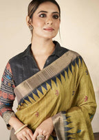 Olive Green Bhagalpuri Silk Paisley Print with Hand Mirror work Border Saree - Norita Nirvi | Grocsy