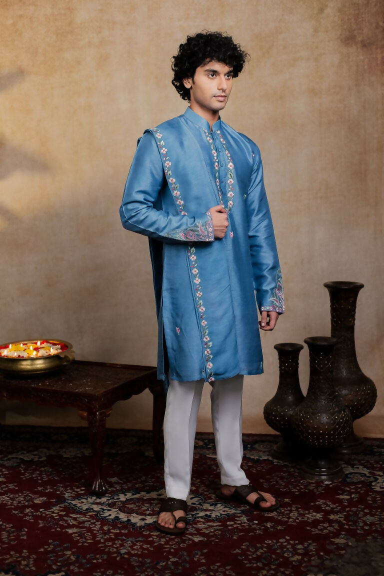 Falling Raw Silk Blue Varnika Kurta Set By Hilo Design | Grocsy