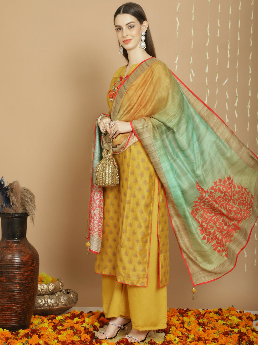 Jyoti Fashion Women's Yellow Chanderi Silk Elegant Jardoshi Semi Kurta with Trouser & Dupatta | Grocsy
