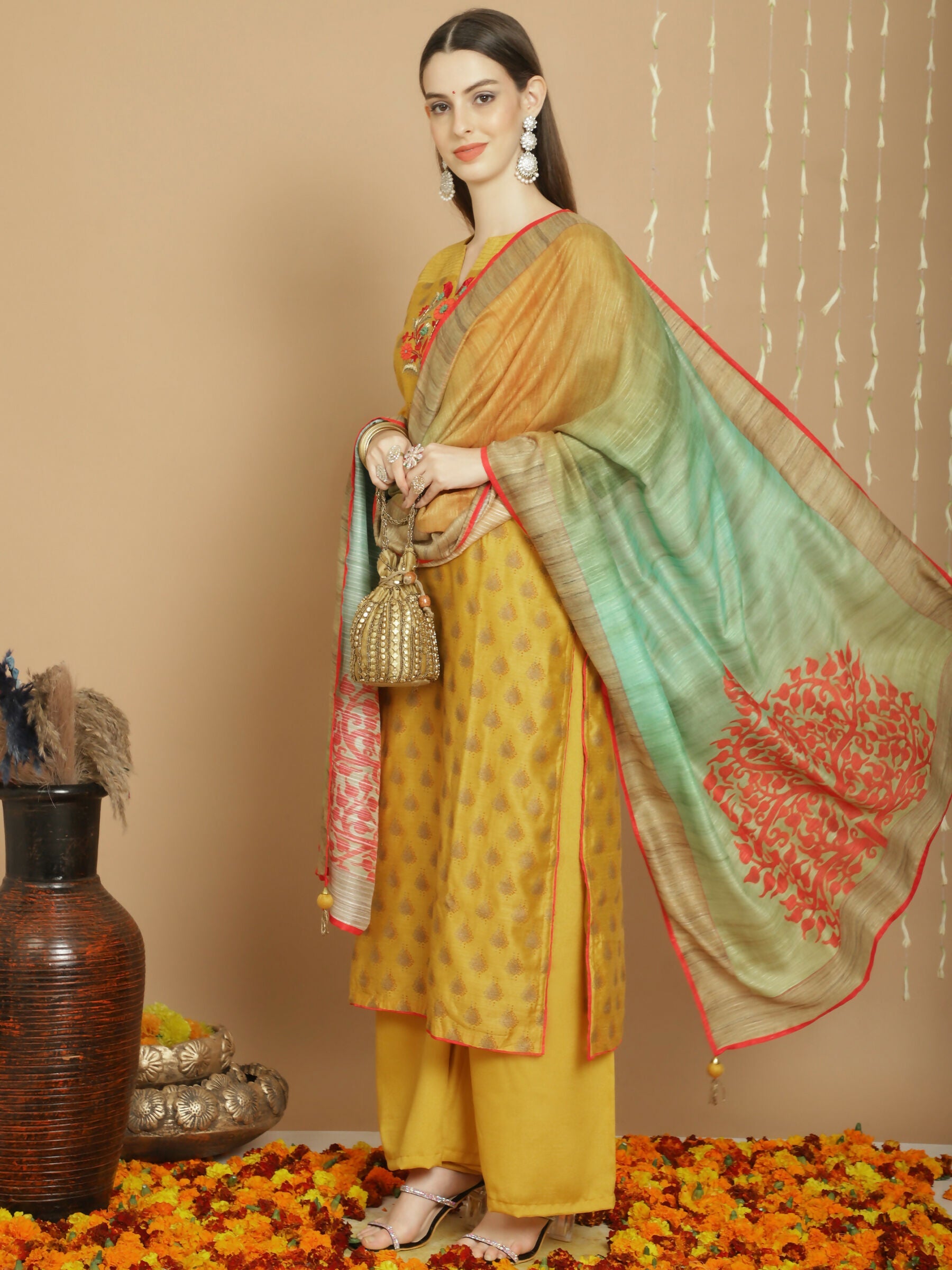 Jyoti Fashion Women's Yellow Chanderi Silk Elegant Jardoshi Semi Kurta with Trouser & Dupatta | Grocsy
