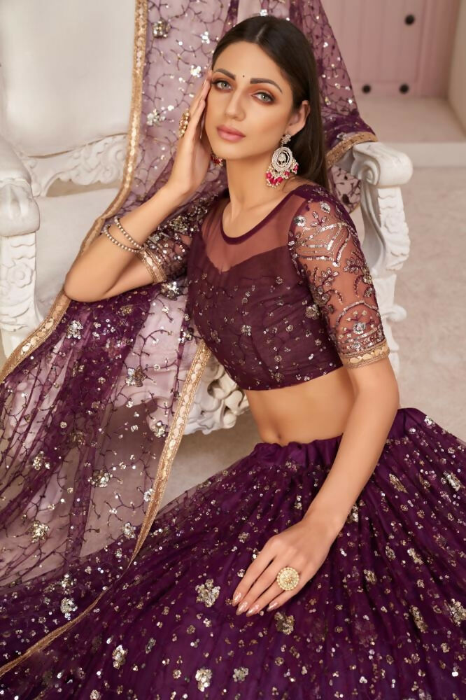 Aastha Fashion Wine Butterfly Net All Over Thread Work, Zari Work And Sandwich Sequence Work Embroidery Wedding Wear Lehenga Choli | Grocsy