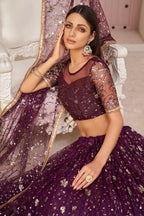 Aastha Fashion Wine Butterfly Net All Over Thread Work, Zari Work And Sandwich Sequence Work Embroidery Wedding Wear Lehenga Choli | Grocsy