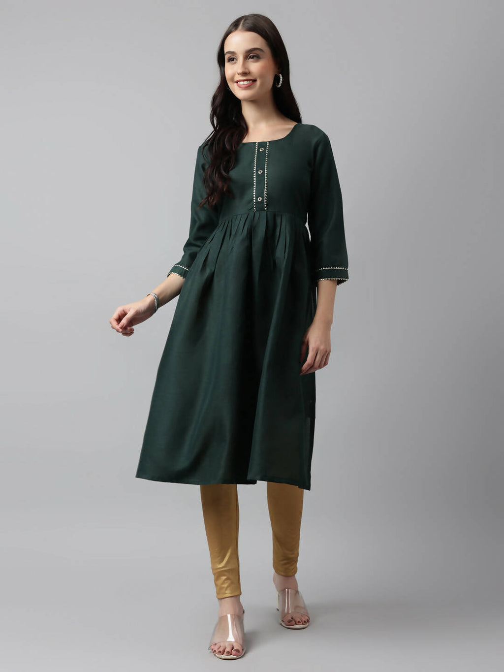 Green Poly Cotton Solid Nayra Cut Kurta - Tirtha | Grocsy
