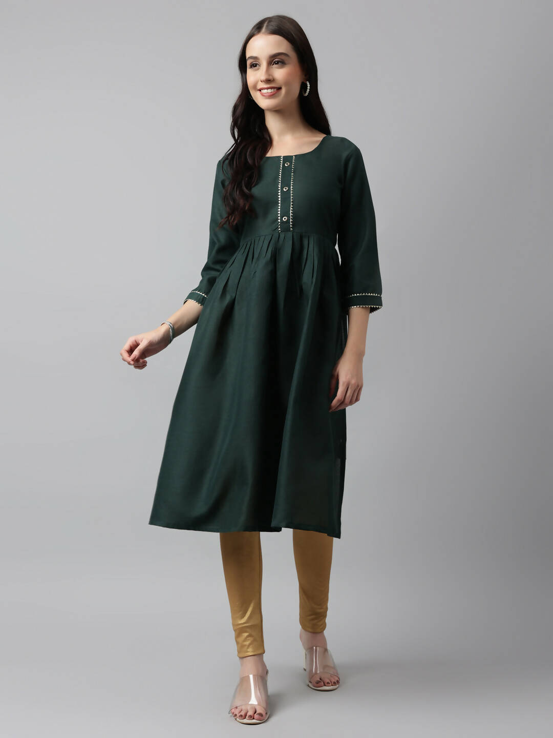 Green Poly Cotton Solid Nayra Cut Kurta - Tirtha | Grocsy