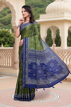 Prime Volt Women's Green & Blue Printed Mal Cotton Saree with Designer Blouse Piece | Grocsy