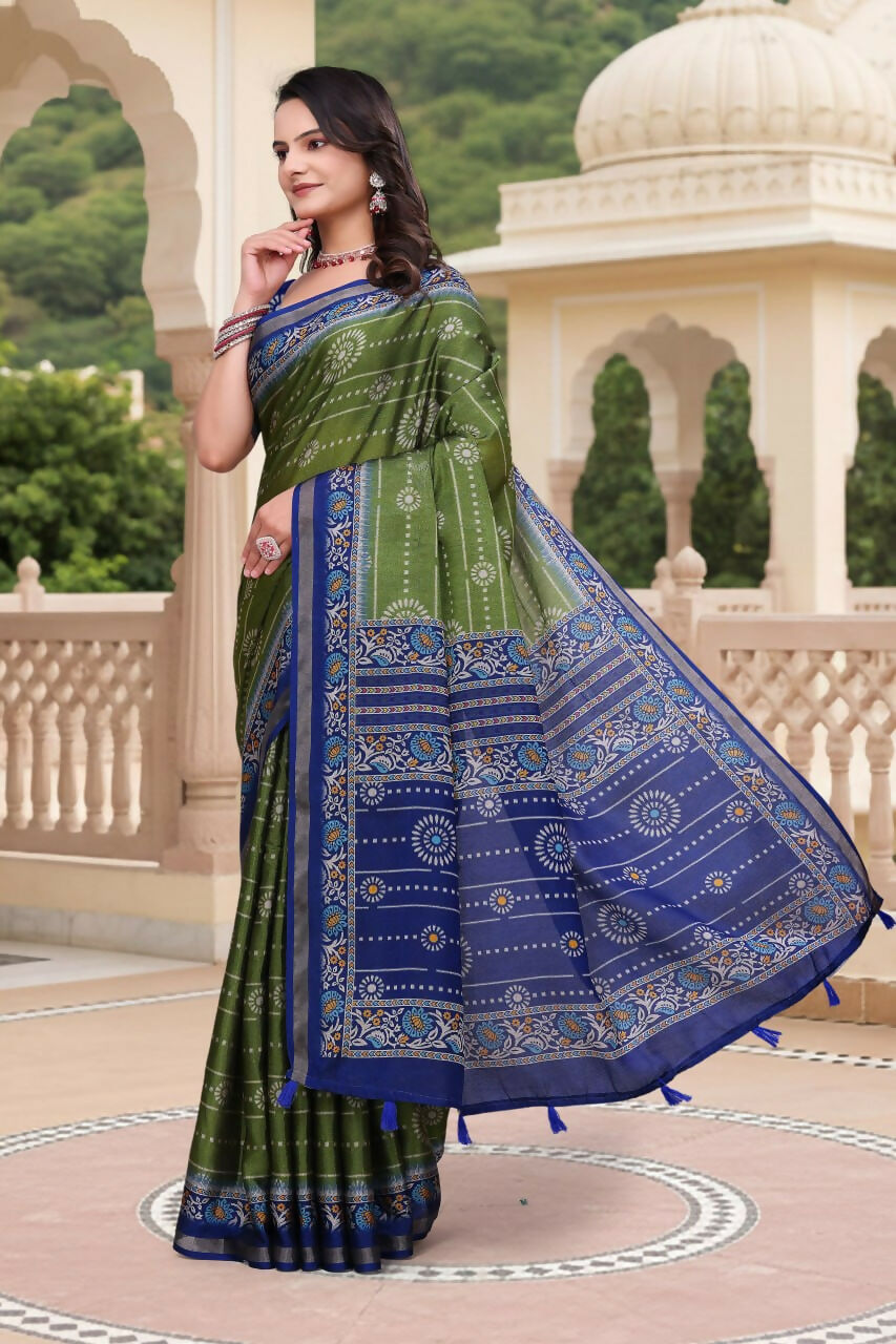 Prime Volt Women's Green & Blue Printed Mal Cotton Saree with Designer Blouse Piece | Grocsy