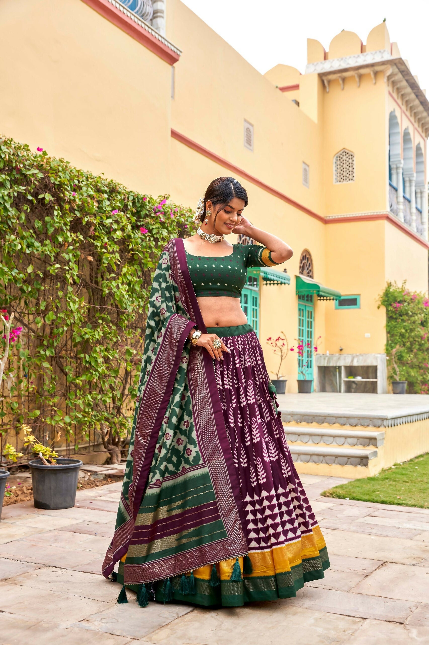 Vastranavya Printed and Foil Work Tussar Silk Lehenga with Unstitched Blouse - Wine | Grocsy