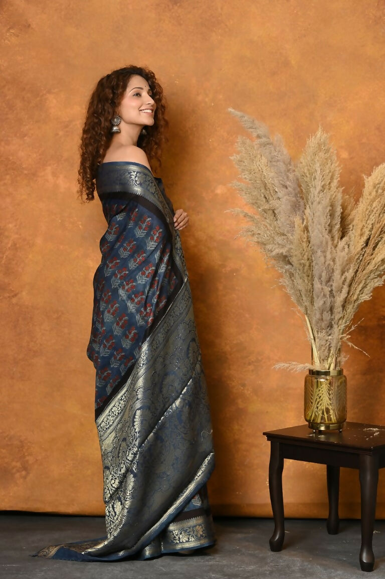 Very Much Indian Modal Silk Ajrakh Handblock Printed Natural Dyes With Designer Border Saree - Black | Grocsy