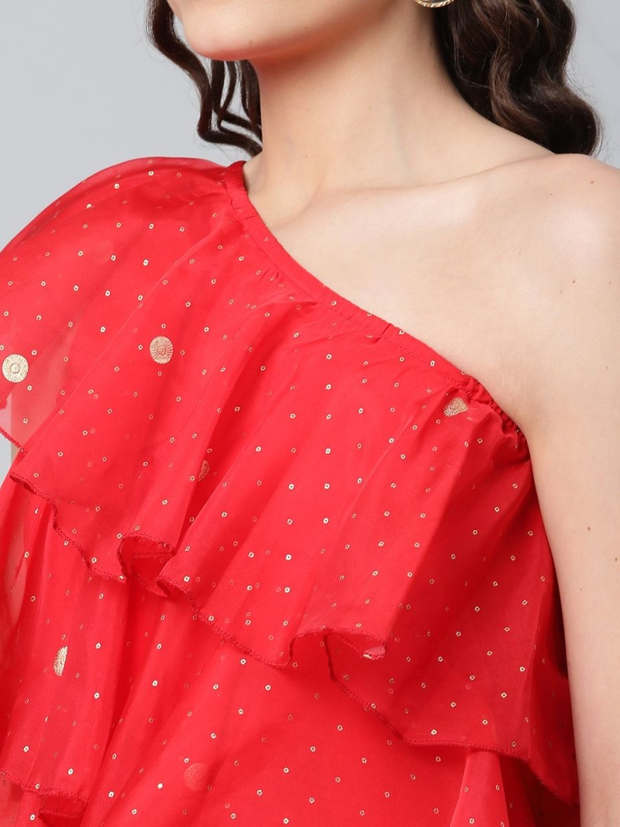 Ahalyaa Women Red Printed Layered Top with Trousers | Grocsy