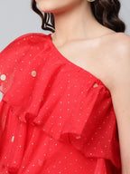 Ahalyaa Women Red Printed Layered Top with Trousers | Grocsy