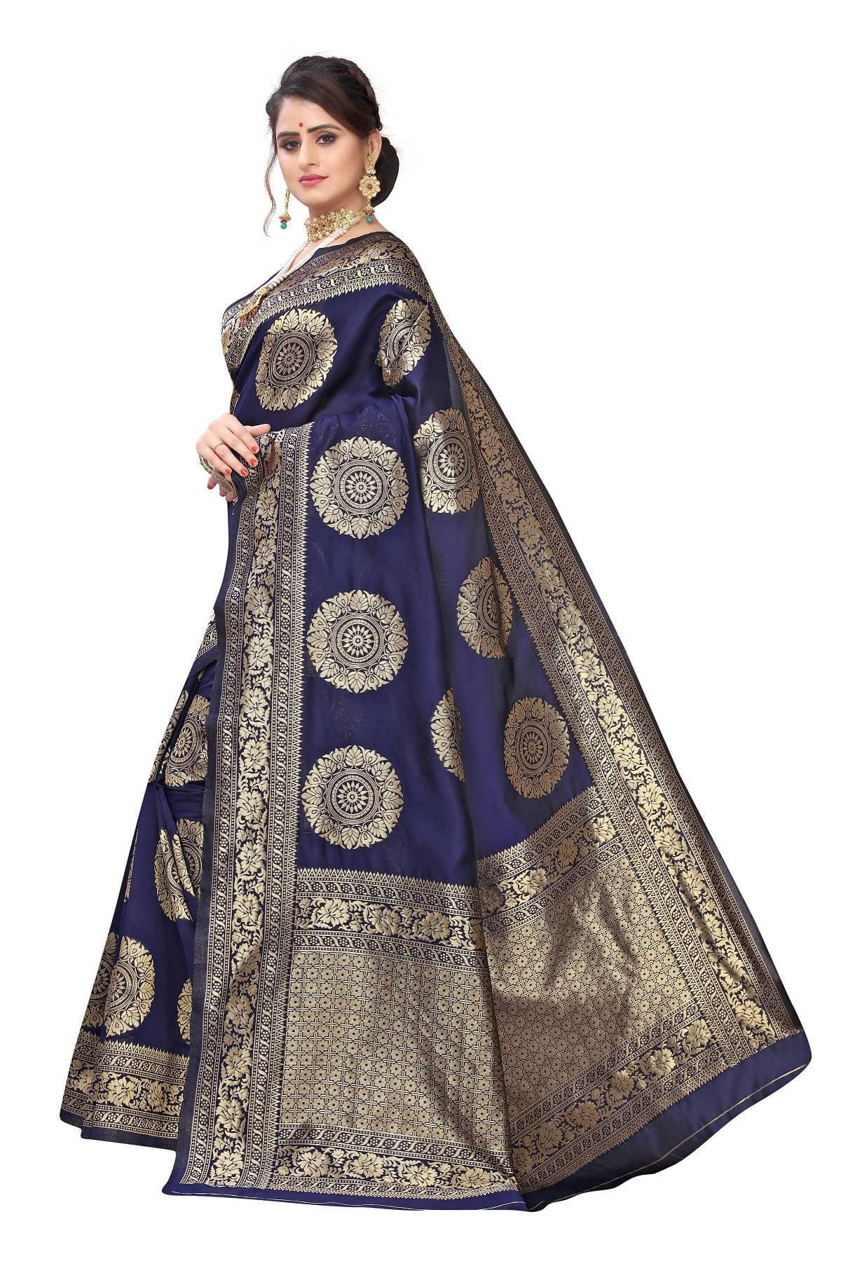 Vamika Traditional Banarasi Jacquard Weaving Navy Blue Saree | Grocsy