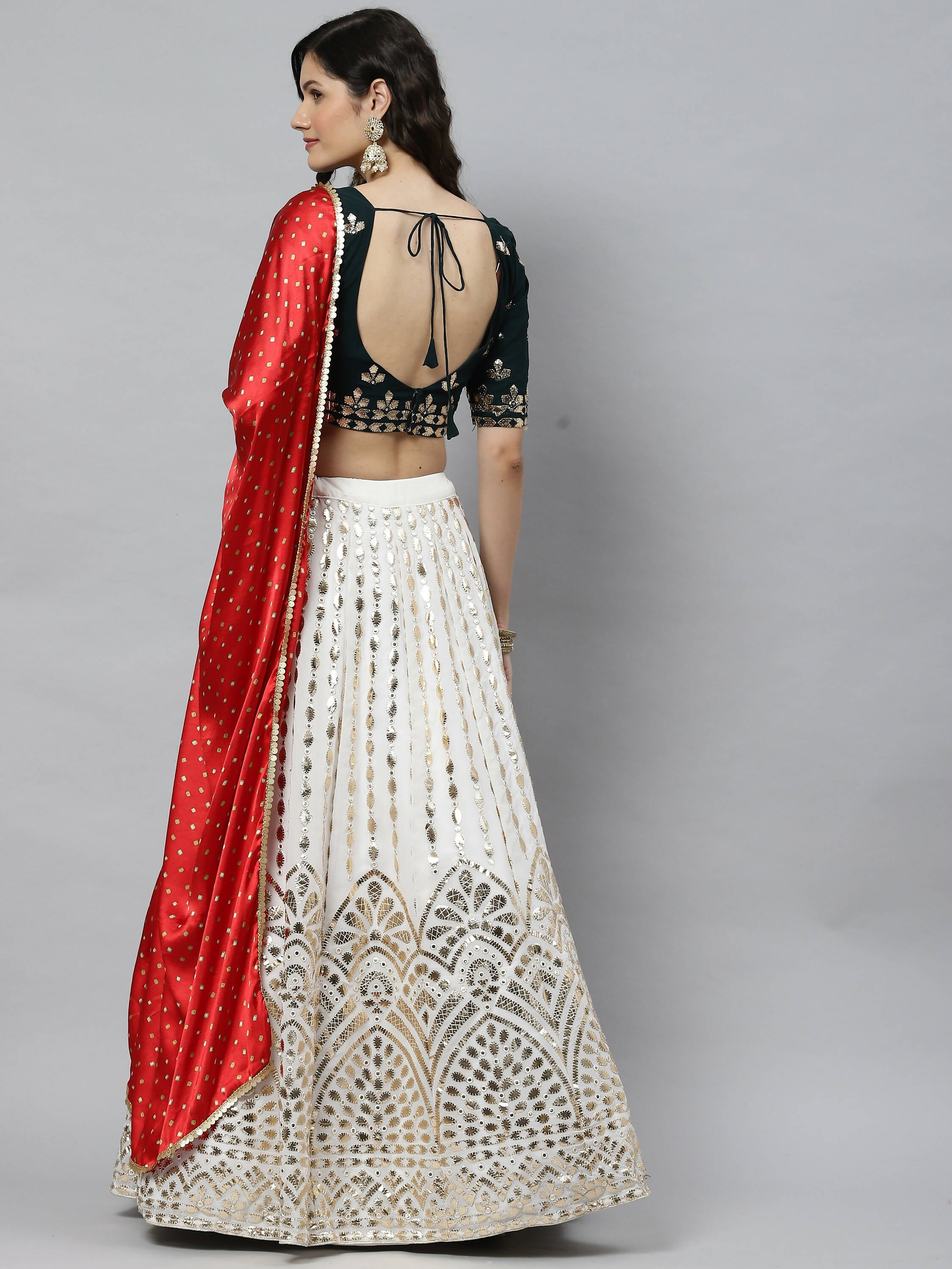 White Georgette Paper Mirror Embroidery Work Lehenga Choli with Dupatta - Jivika | Grocsy