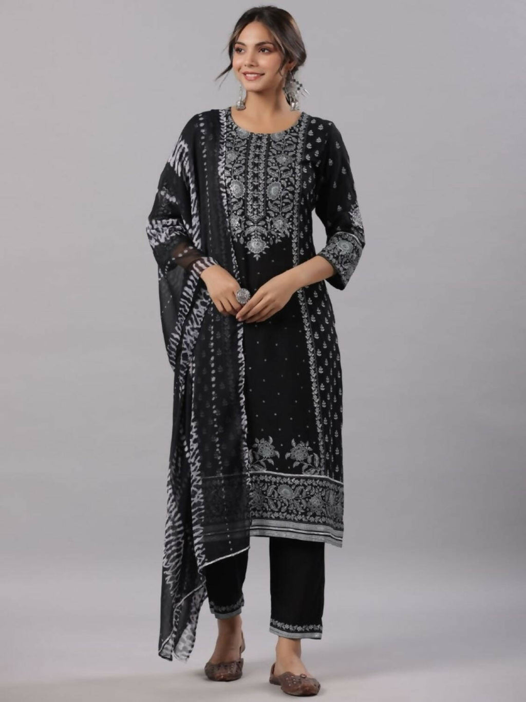 Juniper Women Black Rayon Staple Kalamkari Printed Kurta, Pants and Dupatta Set | Grocsy