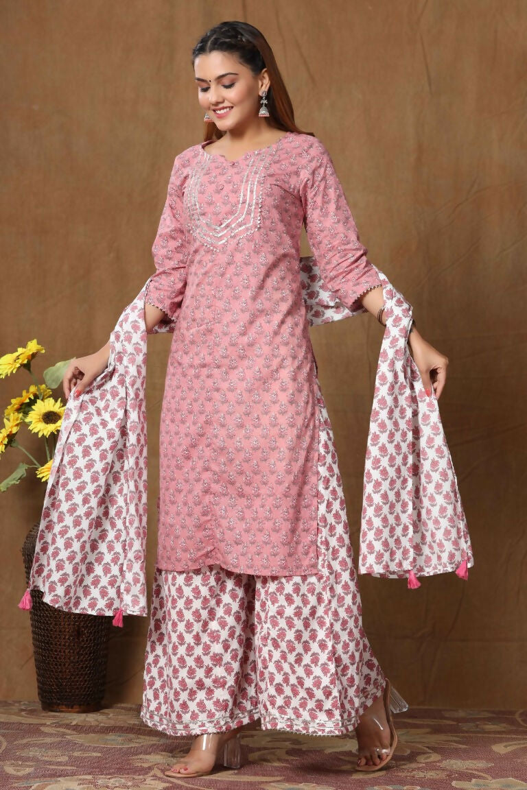 Miravan Women's Cotton Kurta With Palazzo & Dupatta Set | Grocsy