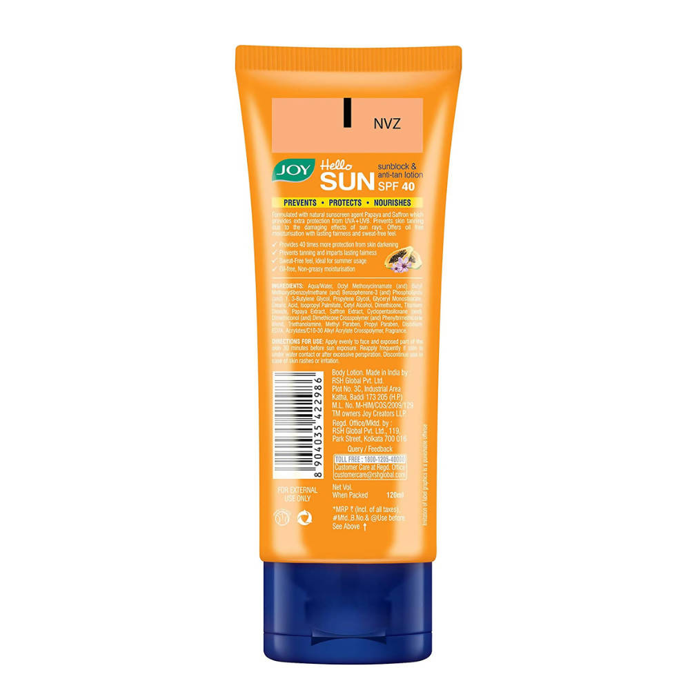 Joy Hello Sun Sunblock & Anti Tan Lotion SPF 40 PA+++ | Grocsy