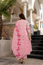 The52 Pink Women's Beautiful Chanderi Fabric Printed Work Straight Kurta Pant and Dupatta Set | Grocsy