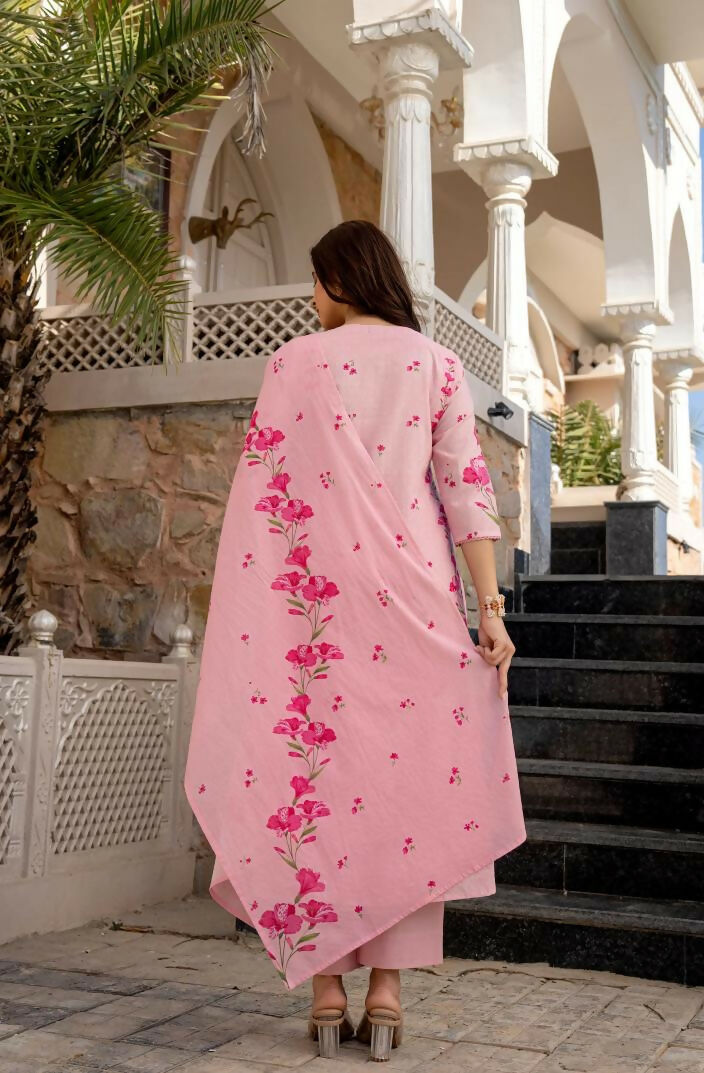 The52 Pink Women's Beautiful Chanderi Fabric Printed Work Straight Kurta Pant and Dupatta Set | Grocsy