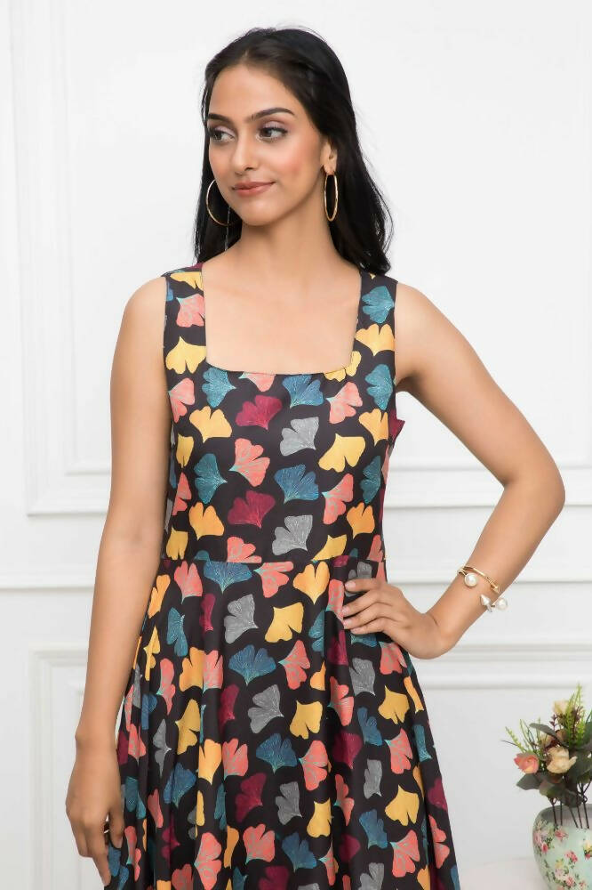 Myshka Women Black Floral Rayon A-Line Round Neck Dress | Grocsy