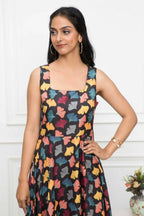 Myshka Women Black Floral Rayon A-Line Round Neck Dress | Grocsy