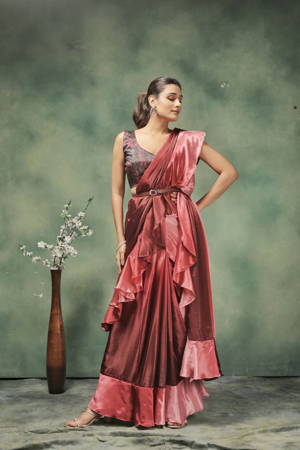 Pink Satin Solid Designer, Printed Party Wear Ready To Wear Saree - Nasreen | Grocsy