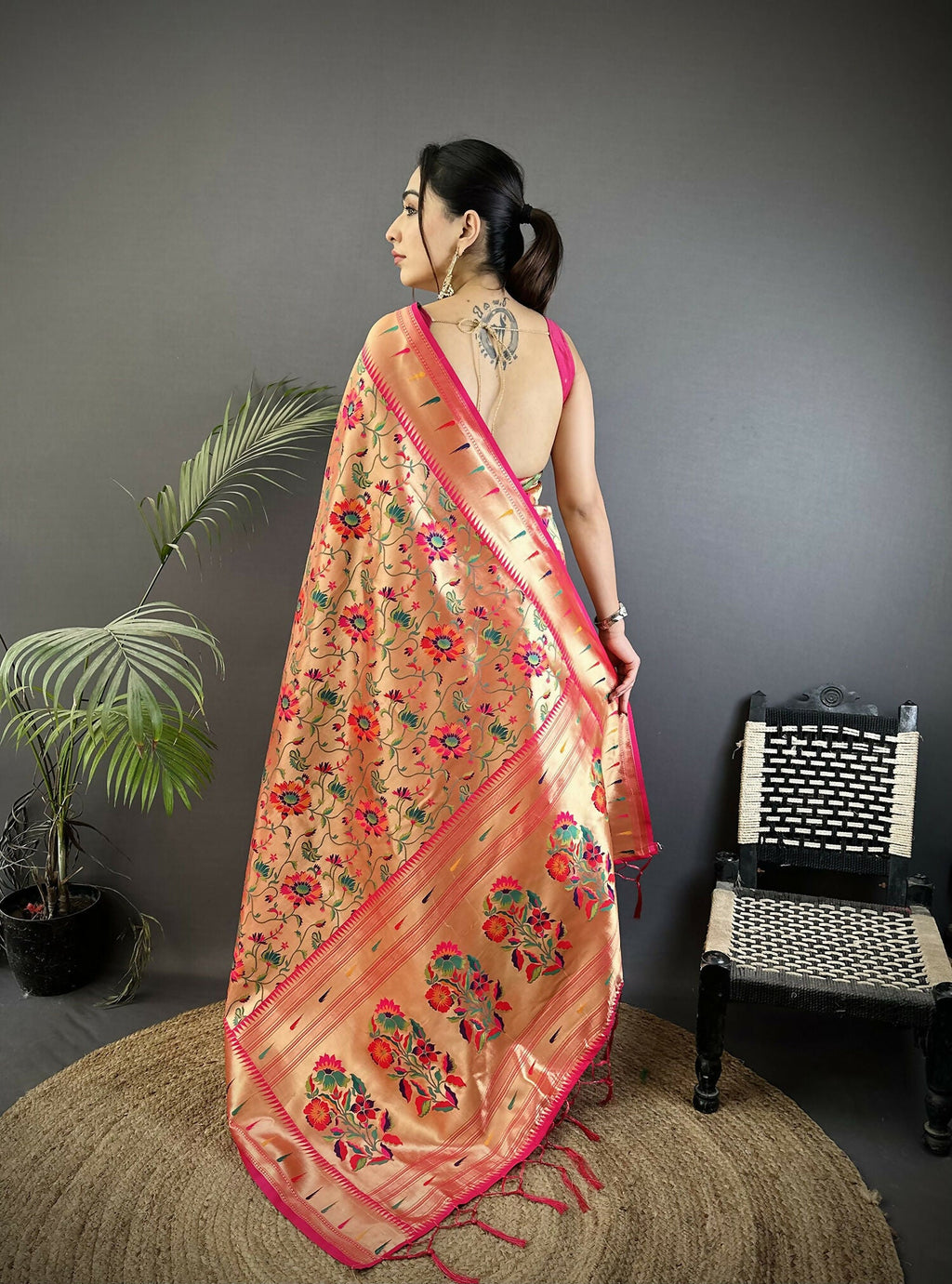 Joban Fashion Rani Pink Floral Vine Pattern Soft Silk Paithani Saree | Grocsy