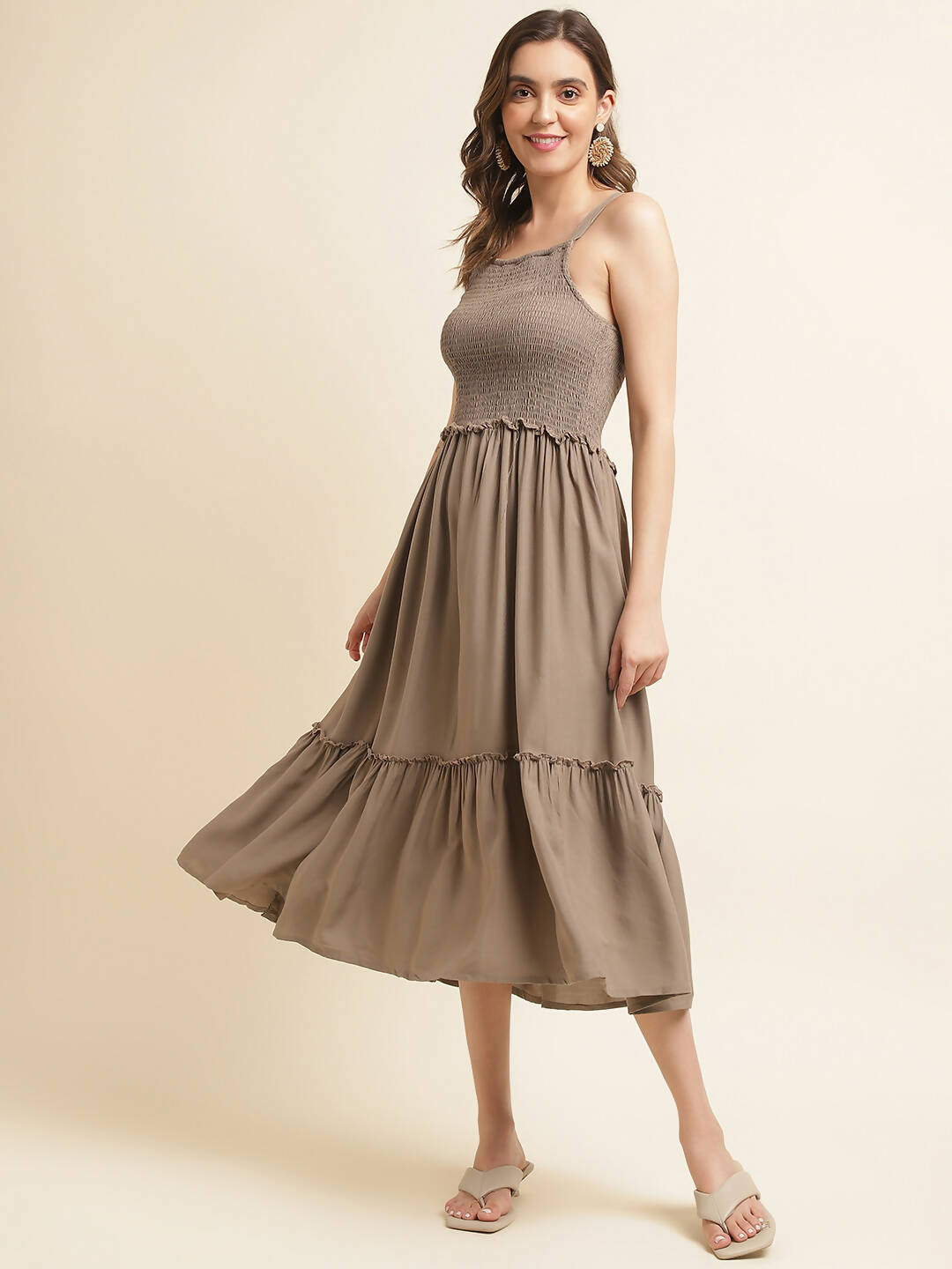 Brown Cotton Solid Flared Dress with Printed Shrug - Yukti | Grocsy