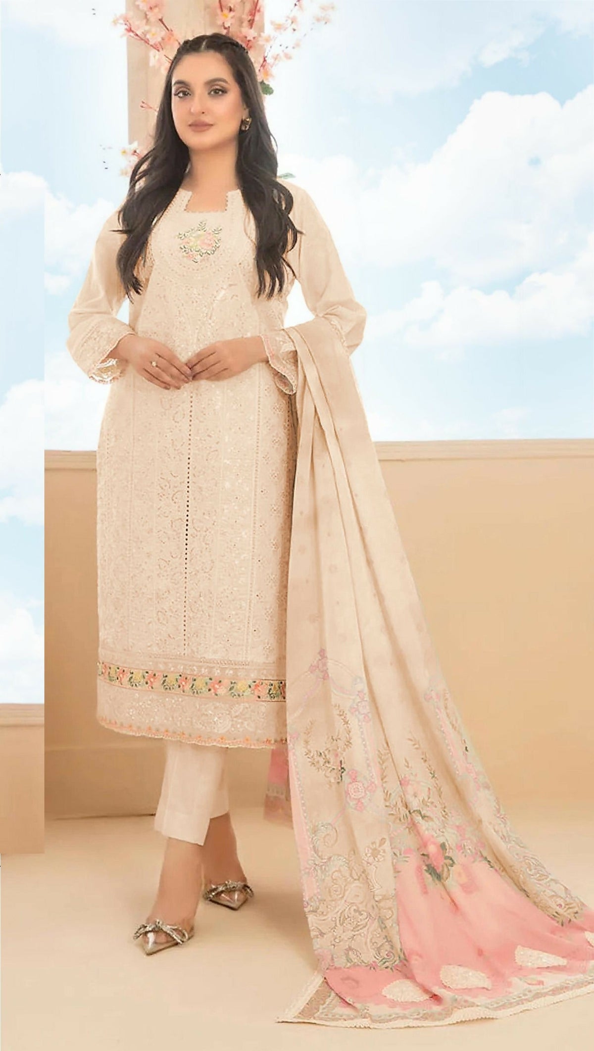 Anaita Peach Cambric Cotton Stitched Suit with Embroidery & Sequence Work | Grocsy