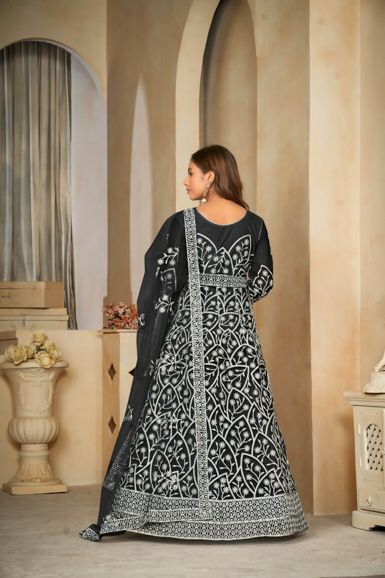 Jyoti Fashion Women's Black Net Embroidered Anarkali Kurta Pant Set With Dupatta | Grocsy